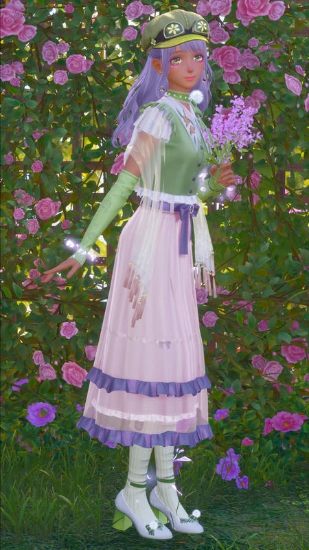 a green and purple outfit combo. 